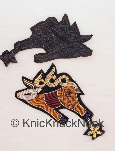Hand Embroidered Deer With Star Applique In Brown, Silver And Gold Zardozi Threadwork, Animal Motif